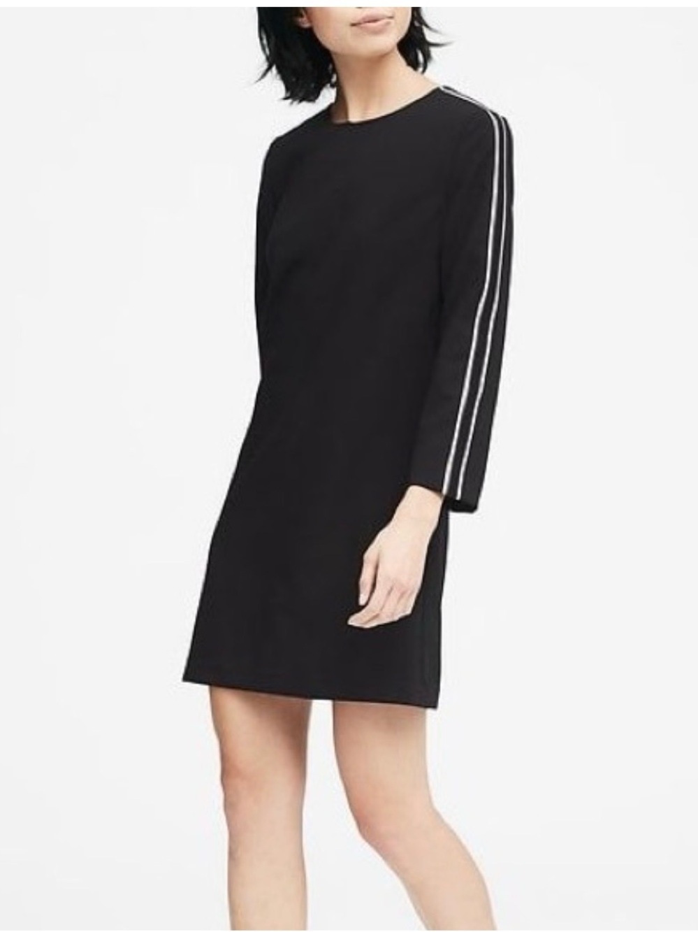 Banana Republic Black Long-Sleeve Shift Dress with White Sleeve Stripes, Size 10